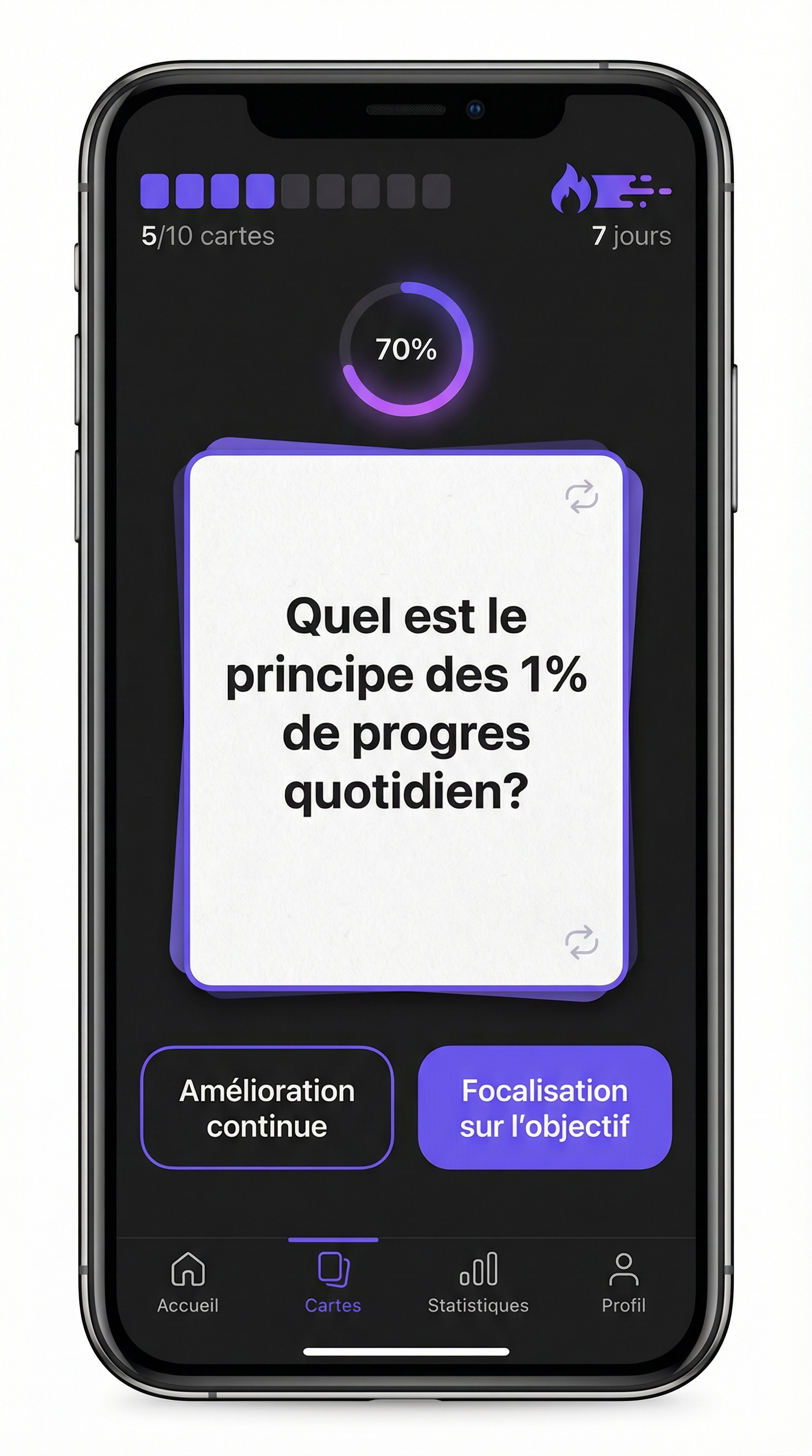 Ecran flashcards Declic — quiz de révision avec progression