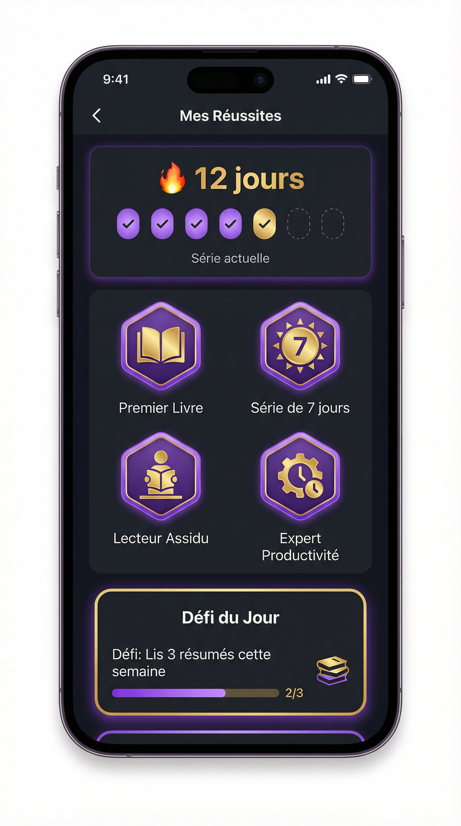 Ecran gamification Declic — streaks, badges et défis